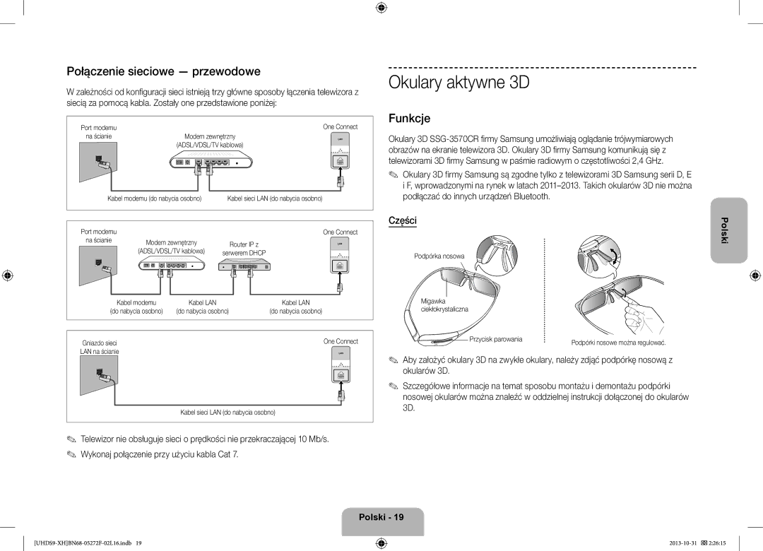 Samsung UE85S9STXXH manual Połączenie sieciowe przewodowe, Funkcje, Części 