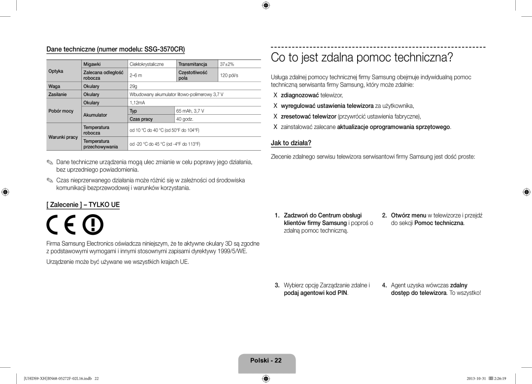 Samsung UE85S9STXXH manual Co to jest zdalna pomoc techniczna?, Dane techniczne numer modelu SSG-3570CR, Zalecenie Tylko UE 