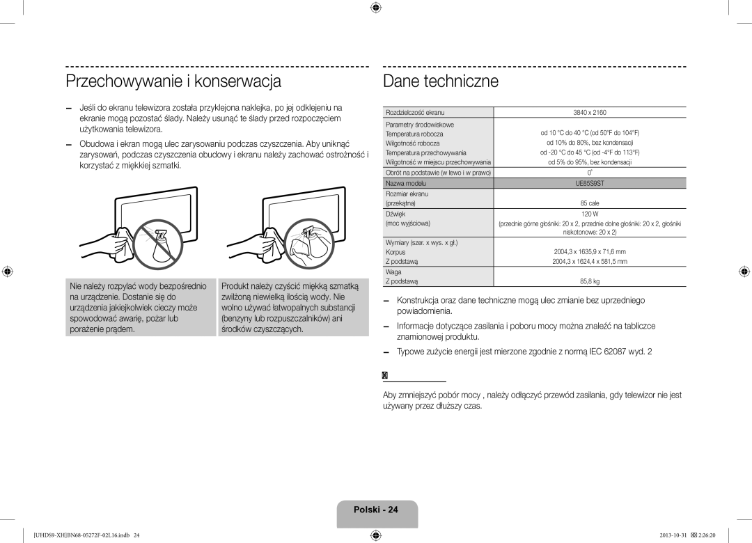 Samsung UE85S9STXXH manual Przechowywanie i konserwacja, Dane techniczne, Tryb gotowości 