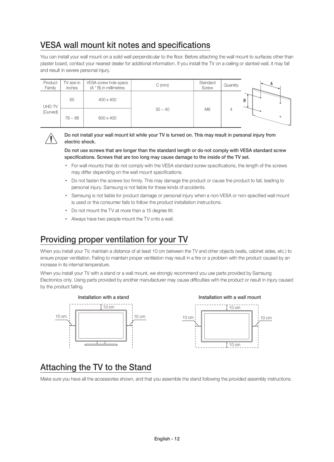 Samsung UE88JS9500TXZF manual Vesa wall mount kit notes and specifications, Providing proper ventilation for your TV 