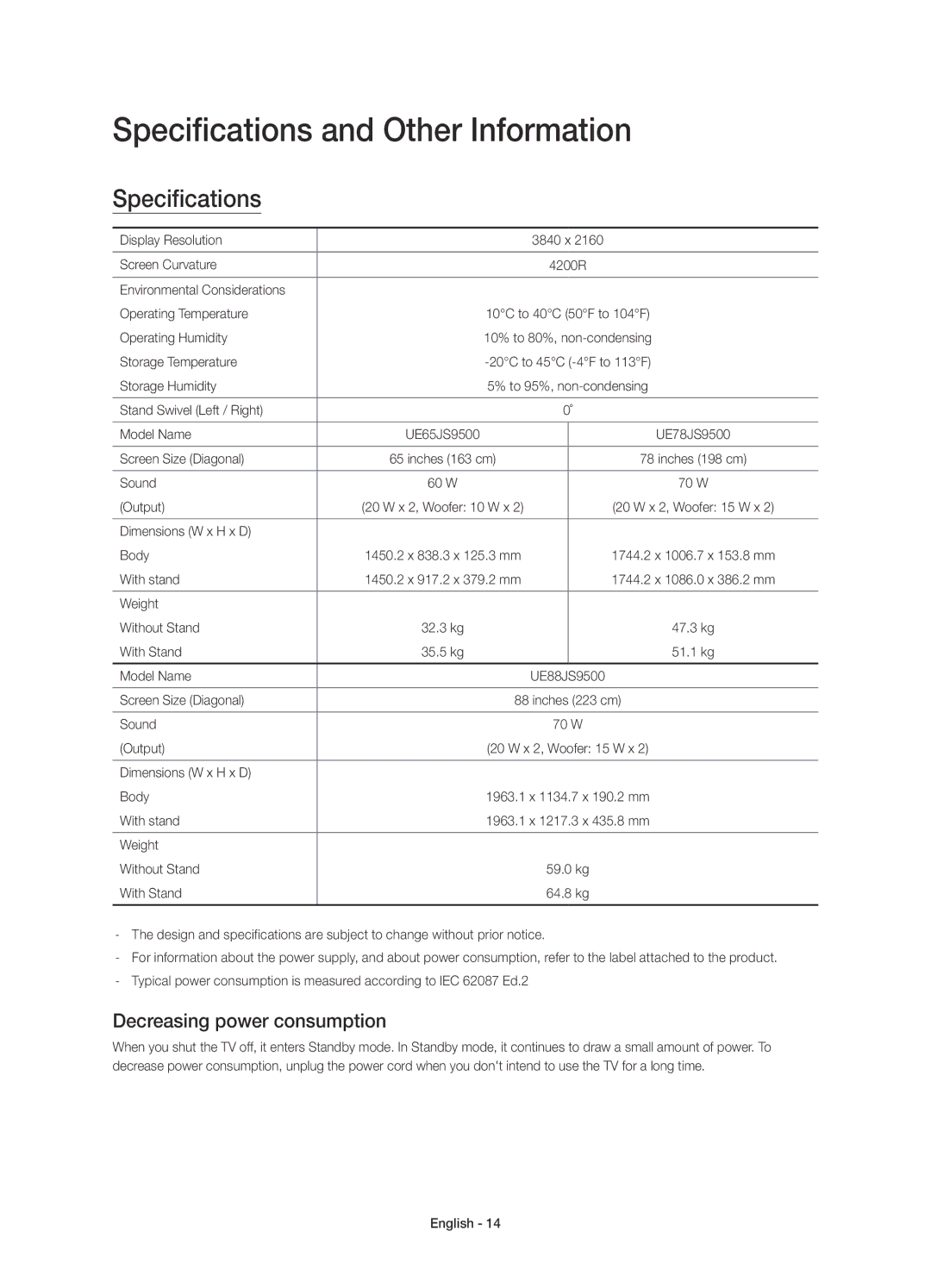 Samsung UE78JS9500TXZF, UE88JS9500TXZF, UE65JS9500TXZF Specifications and Other Information, Decreasing power consumption 