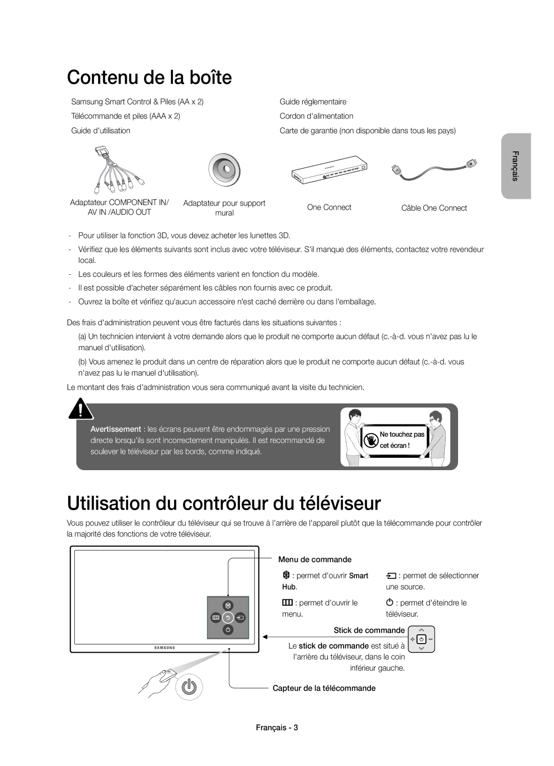 Samsung UE65JS9500TXZT, UE88JS9500TXZF manual Contenu de la boîte, Utilisation du contrôleur du téléviseur, Une source 