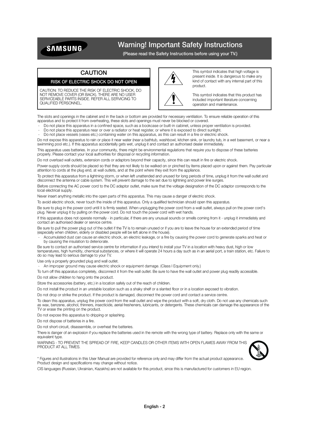 Samsung UE78JS9500TXZF, UE88JS9500TXZF, UE65JS9500TXZF, UE88JS9500TXZT manual Risk of Electric Shock do not Open, English 