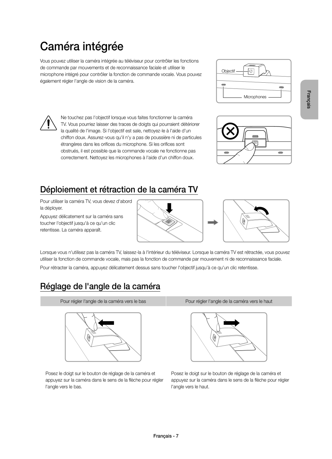 Samsung UE78JS9500TXXU manual Caméra intégrée, Déploiement et rétraction de la caméra TV, Réglage de langle de la caméra 