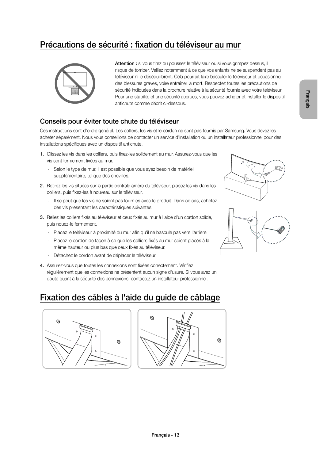 Samsung UE88JS9500TXZT, UE88JS9500TXZF, UE65JS9500TXZF, UE78JS9500TXZF Précautions de sécurité fixation du téléviseur au mur 