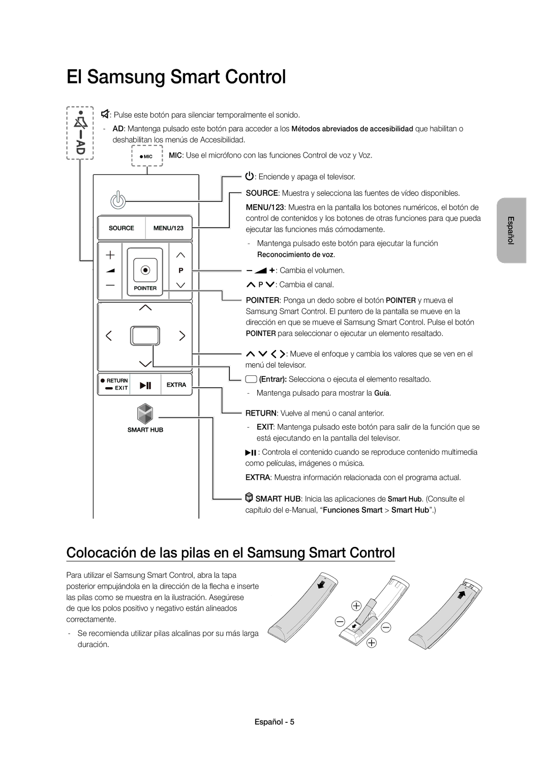 Samsung UE78JS9500TXXU, UE88JS9500TXZF manual El Samsung Smart Control, Colocación de las pilas en el Samsung Smart Control 