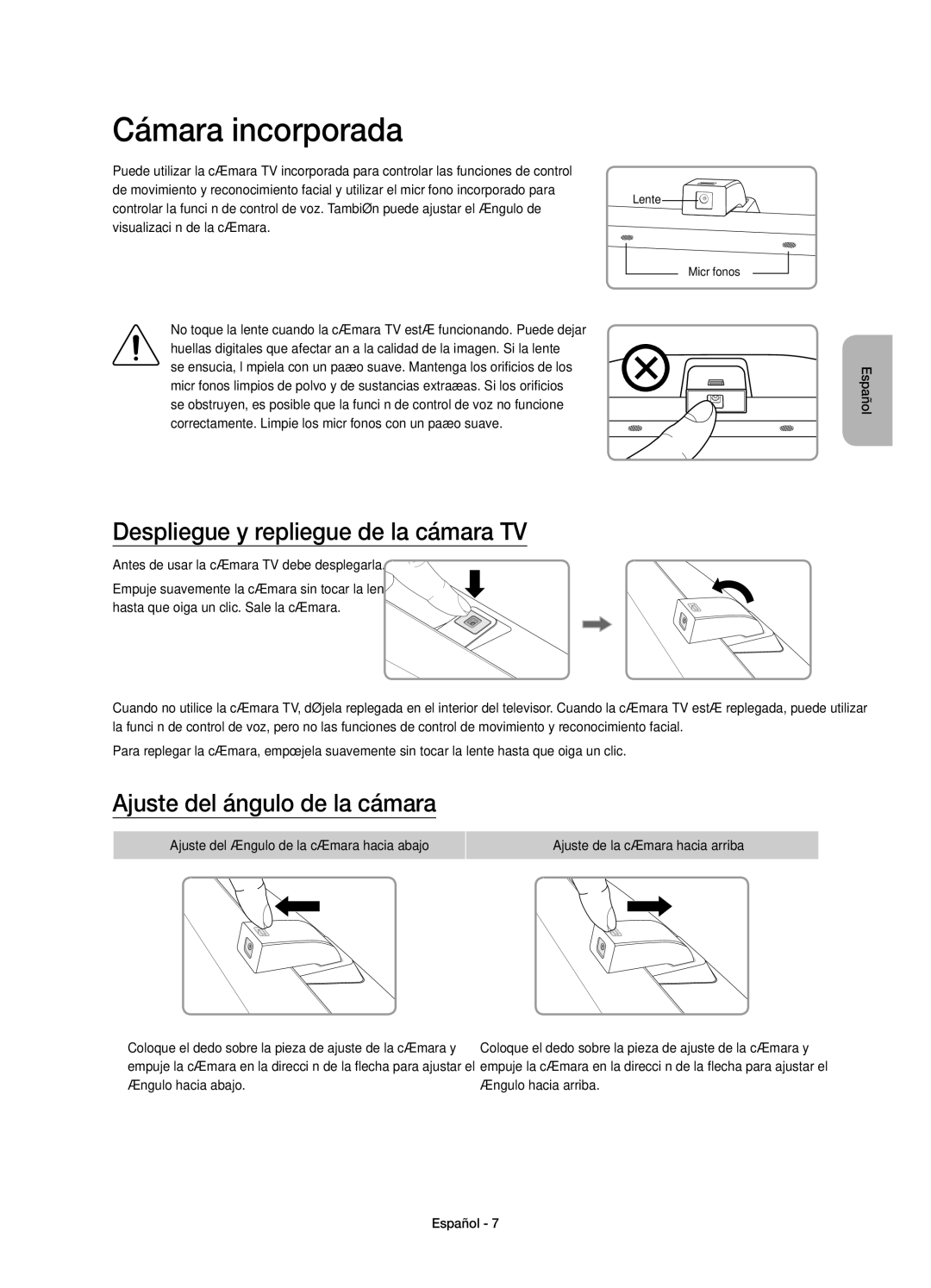 Samsung UE65JS9500TXXU manual Cámara incorporada, Despliegue y repliegue de la cámara TV, Ajuste del ángulo de la cámara 