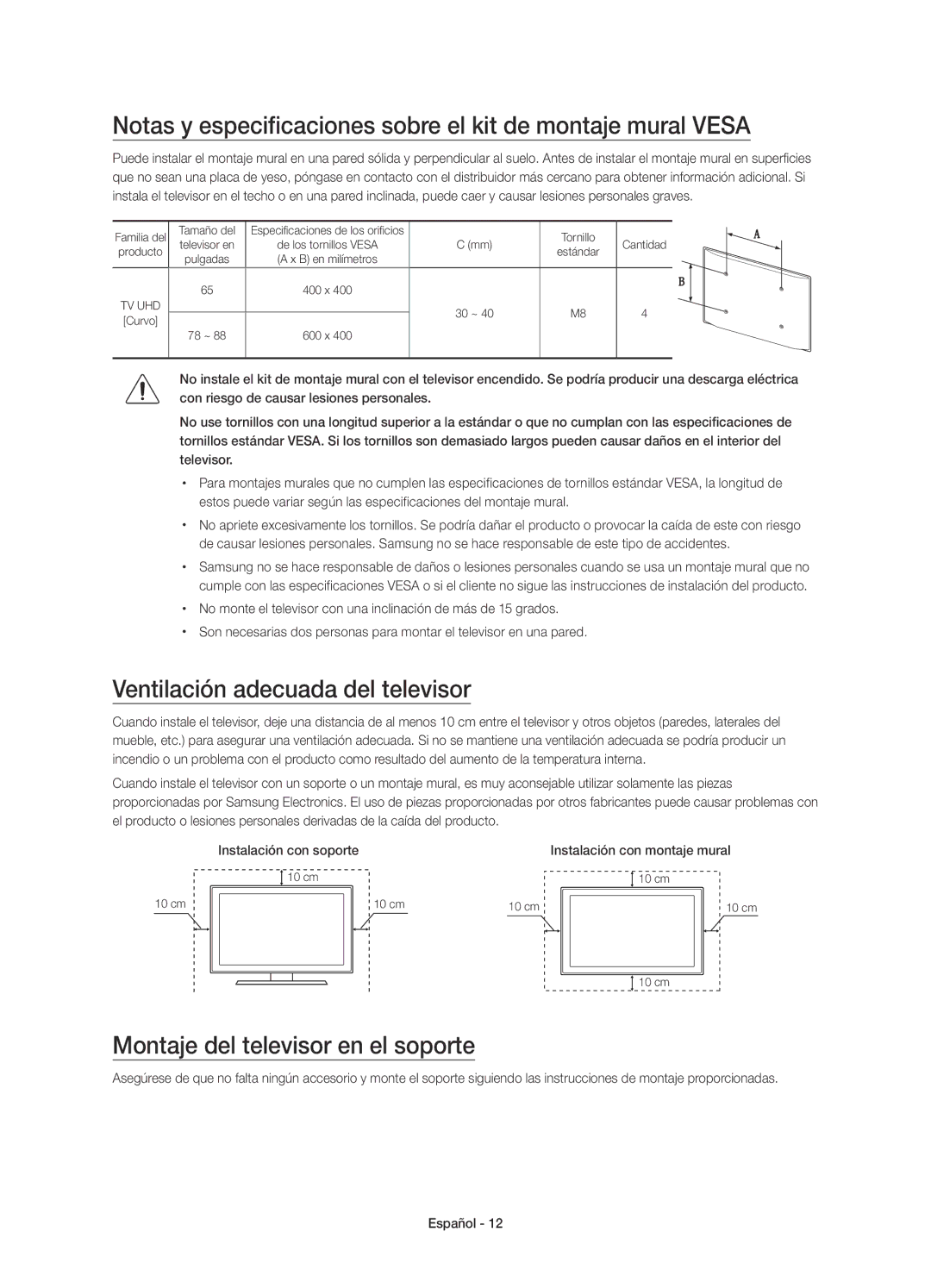 Samsung UE78JS9500TXZT Notas y especificaciones sobre el kit de montaje mural Vesa, Ventilación adecuada del televisor 