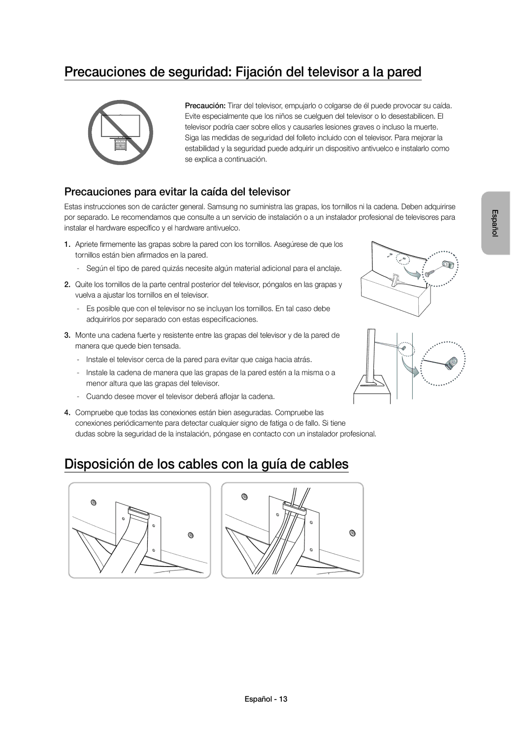 Samsung UE65JS9500TXZT, UE88JS9500TXZF, UE65JS9500TXZF manual Precauciones de seguridad Fijación del televisor a la pared 