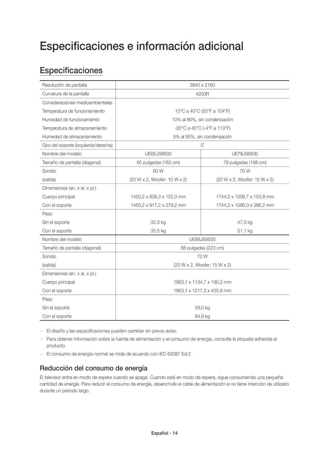 Samsung UE78JS9500TXXC, UE88JS9500TXZF manual Especificaciones e información adicional, Reducción del consumo de energía 