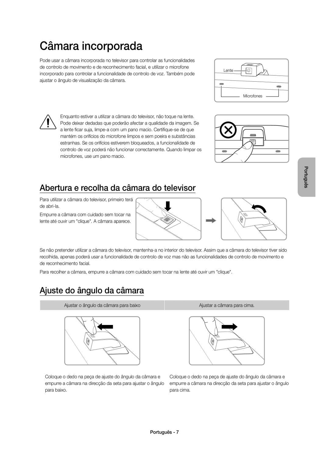 Samsung UE65JS9500TXZF manual Câmara incorporada, Abertura e recolha da câmara do televisor, Ajuste do ângulo da câmara 