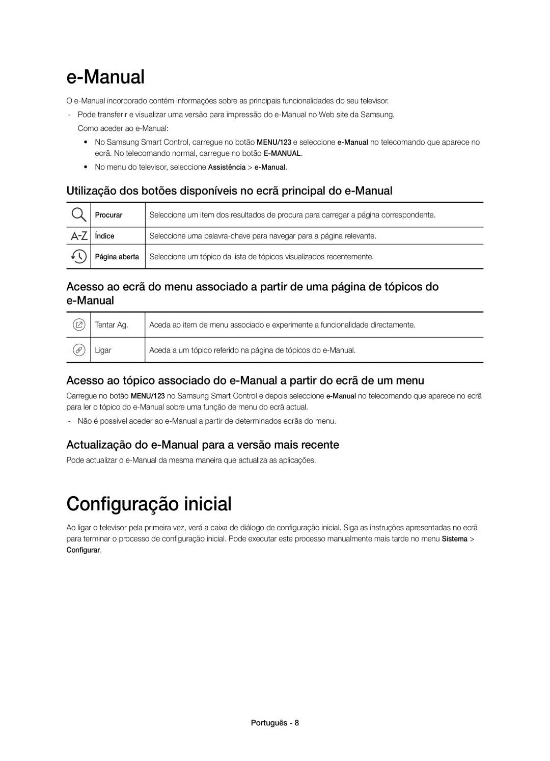 Samsung UE78JS9500TXZF, UE88JS9500TXZF manual Configuração inicial, Actualização do e-Manual para a versão mais recente 