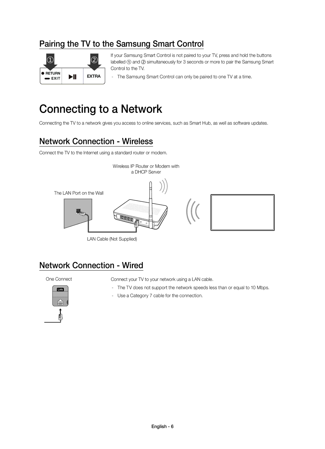 Samsung UE78JS9500TXXC Connecting to a Network, Pairing the TV to the Samsung Smart Control, Network Connection Wireless 