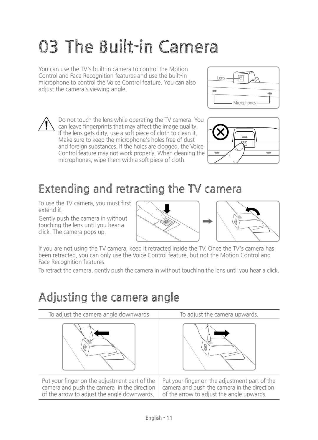 Samsung UE65JS9500TXXU, UE88JS9500TXZF Built-in Camera, Extending and retracting the TV camera, Adjusting the camera angle 