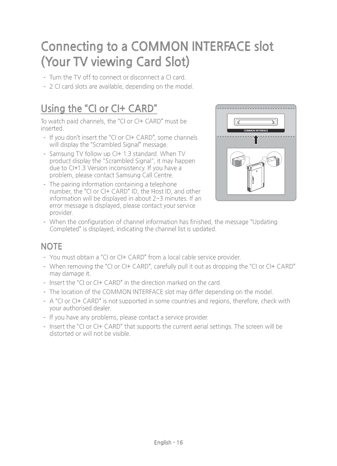 Samsung UE78JS9500TXZT, UE88JS9500TXZF, UE65JS9500TXZF, UE78JS9500TXZF, UE88JS9500TXZT manual Using the CI or CI+ Card 