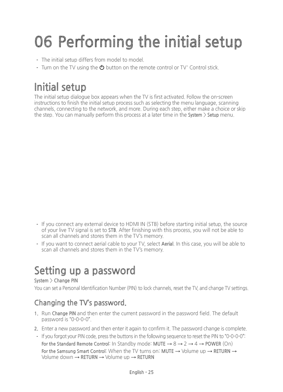 Samsung UE65JS9500TXZF, UE88JS9500TXZF, UE78JS9500TXZF Performing the initial setup, Initial setup, Setting up a password 