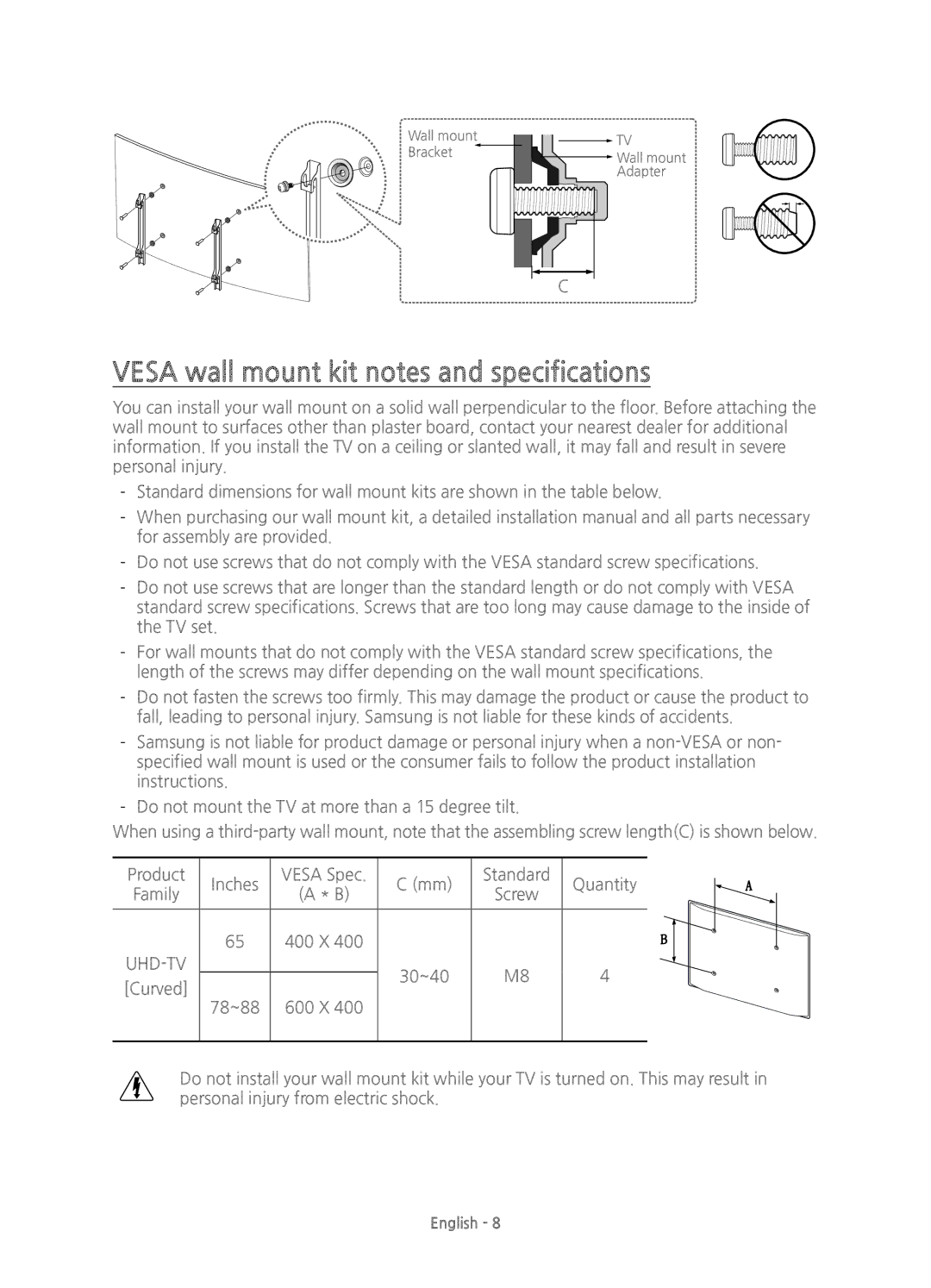 Samsung UE88JS9500TXXC, UE88JS9500TXZF, UE65JS9500TXZF, UE78JS9500TXZF Vesa wall mount kit notes and specifications, Uhd-Tv 