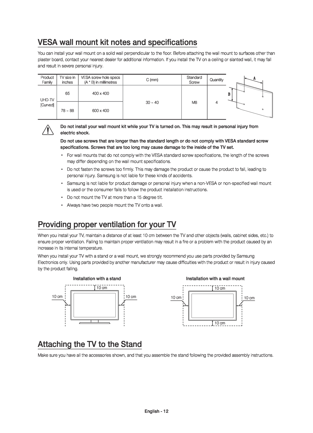 Samsung UE88JS9500TXZF manual VESA wall mount kit notes and specifications, Providing proper ventilation for your TV 