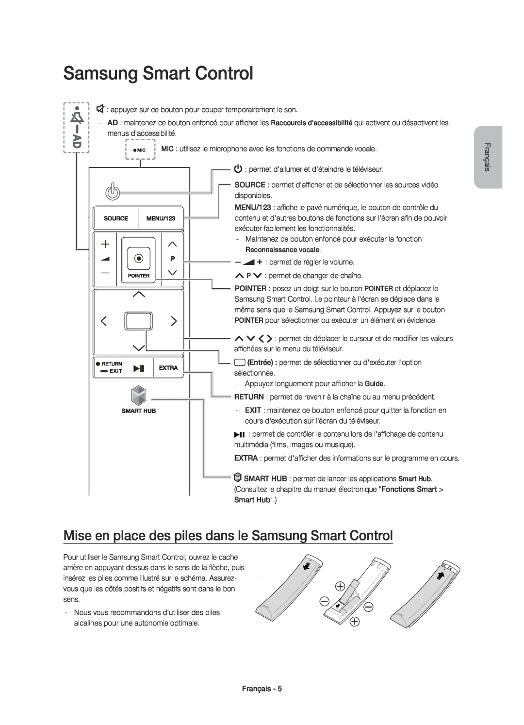 Samsung UE65JS9500TXXC, UE88JS9500TXZF, UE65JS9500TXZF manual Mise en place des piles dans le Samsung Smart Control 