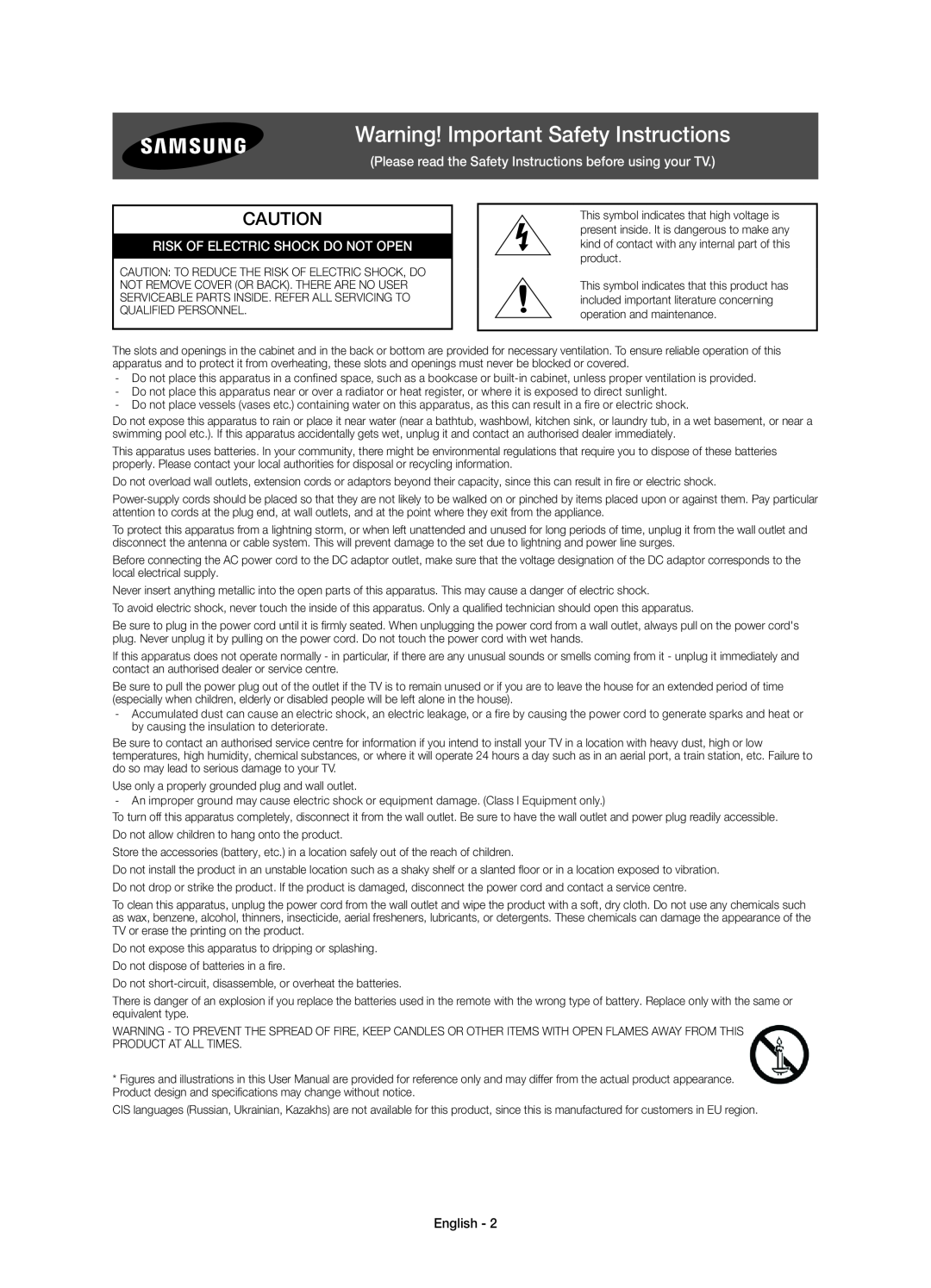 Samsung UE78JS9500TXZF Warning! Important Safety Instructions, Please read the Safety Instructions before using your TV 