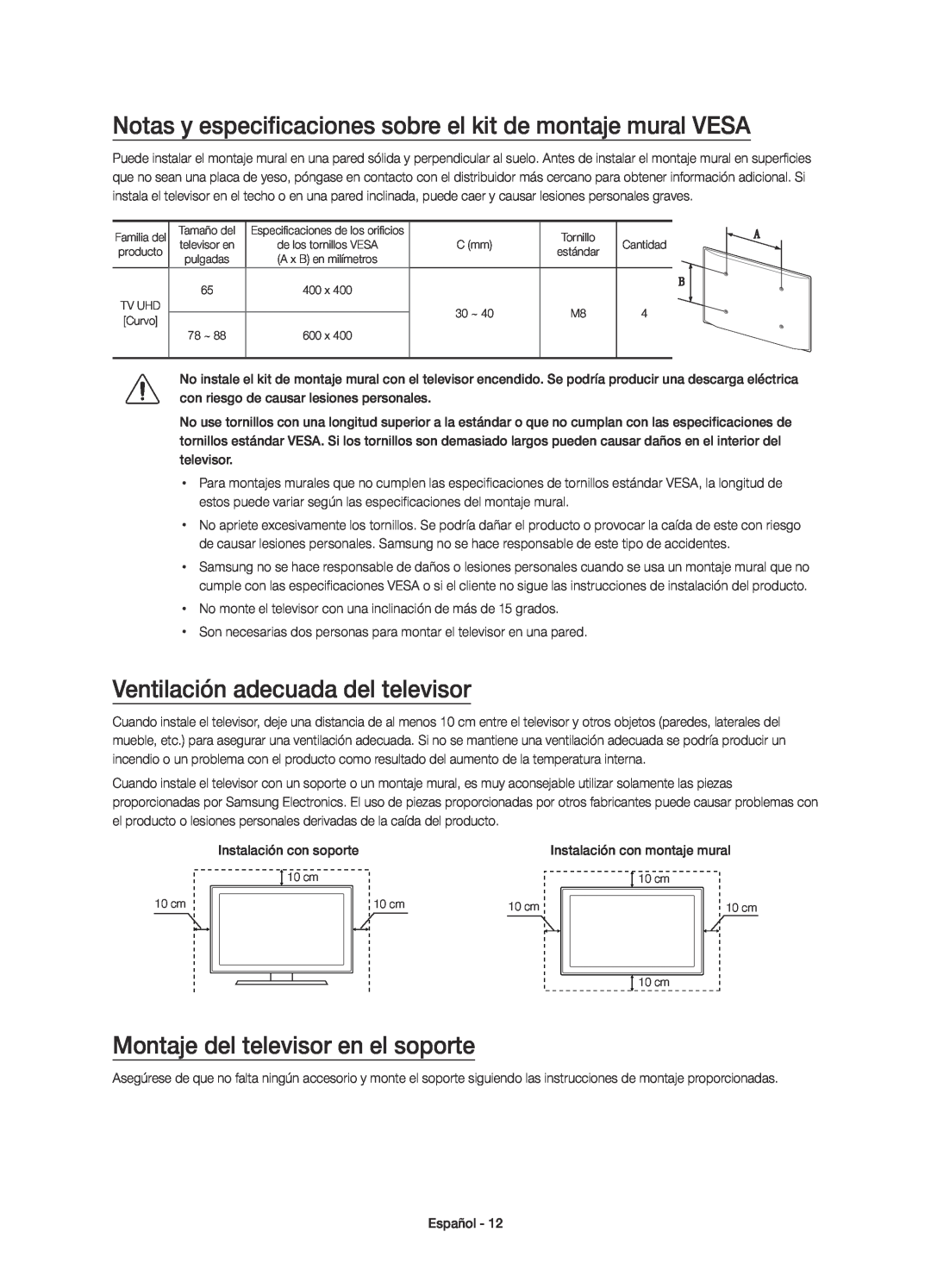 Samsung UE78JS9500TXZT Notas y especificaciones sobre el kit de montaje mural VESA, Ventilación adecuada del televisor 