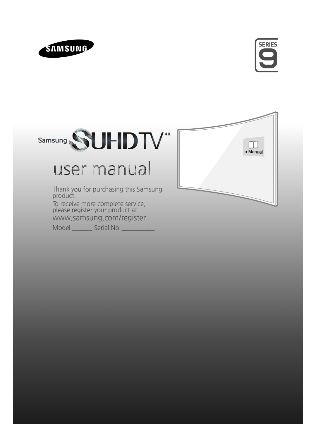 Samsung UE65JS9500TXZF, UE88JS9500TXZF manual Thank you for purchasing this Samsung product, Model Serial No, user manual 
