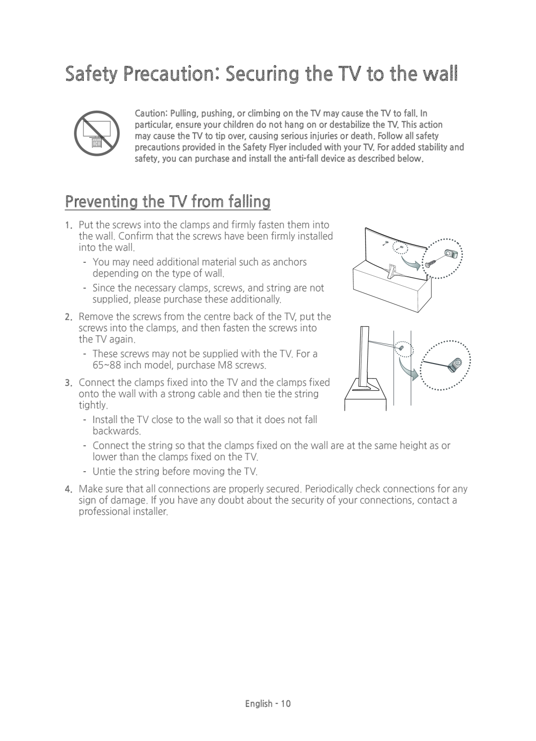 Samsung UE88JS9500TXXU, UE88JS9500TXZF manual Safety Precaution Securing the TV to the wall, Preventing the TV from falling 
