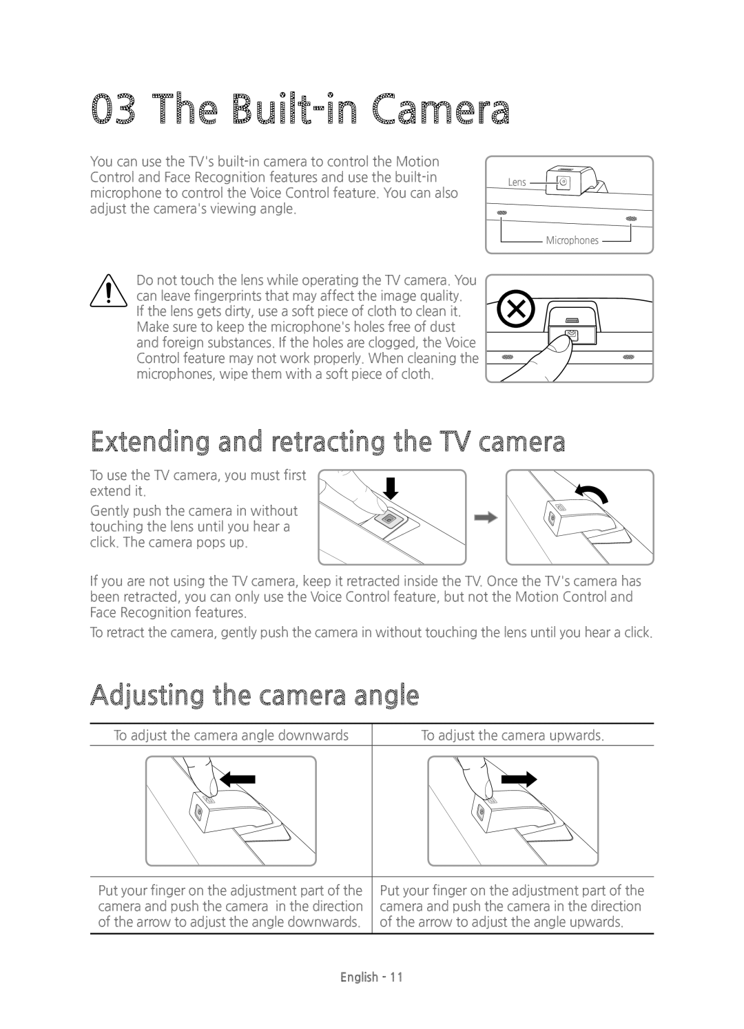 Samsung UE65JS9500TXXU manual The Built-in Camera, Extending and retracting the TV camera, Adjusting the camera angle 