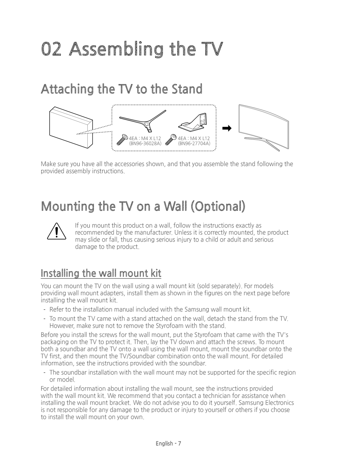 Samsung UE65JS9500TXXC manual Assembling the TV, Attaching the TV to the Stand, Mounting the TV on a Wall Optional 