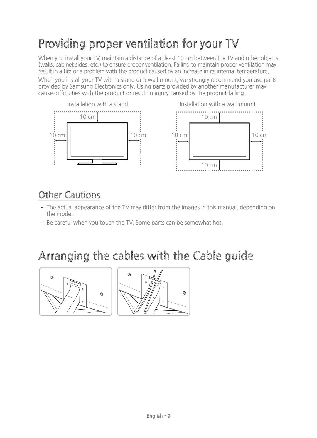 Samsung UE78JS9500TXXU Providing proper ventilation for your TV, Arranging the cables with the Cable guide, Other Cautions 