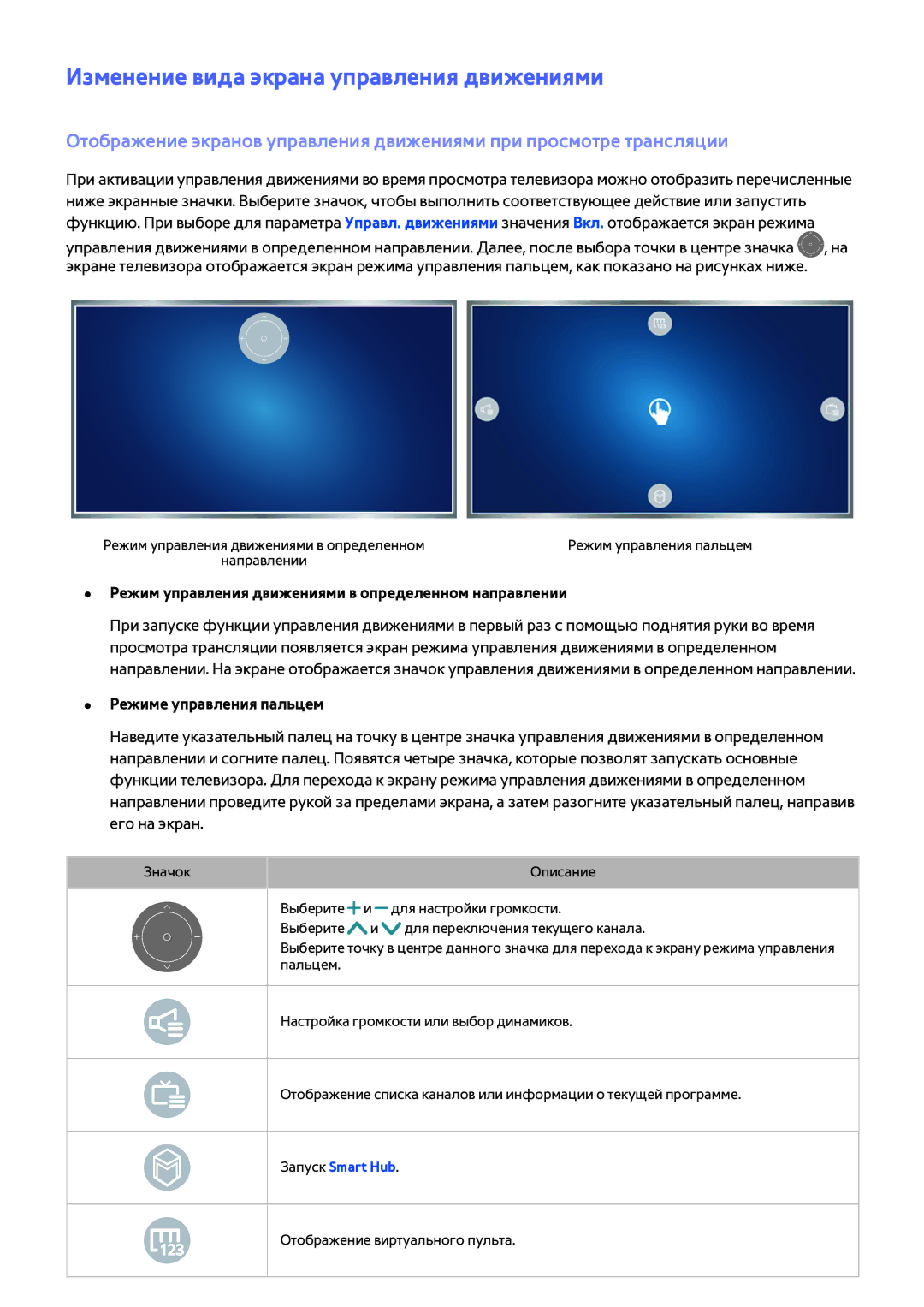 Samsung UE48JS9000TXRU, UE88JS9502TXXH, UE48JS9002TXXH manual Изменение вида экрана управления движениями, Запуск Smart Hub 