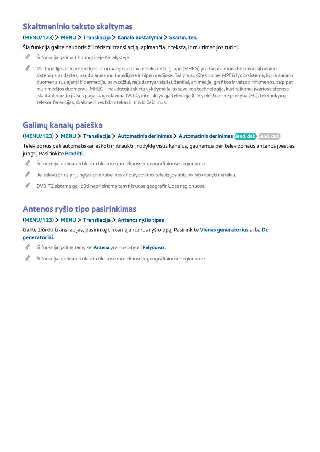 Samsung UE55JS9002TXXH, UE82S9WATXXH Skaitmeninio teksto skaitymas, Galimų kanalų paieška, Antenos ryšio tipo pasirinkimas 