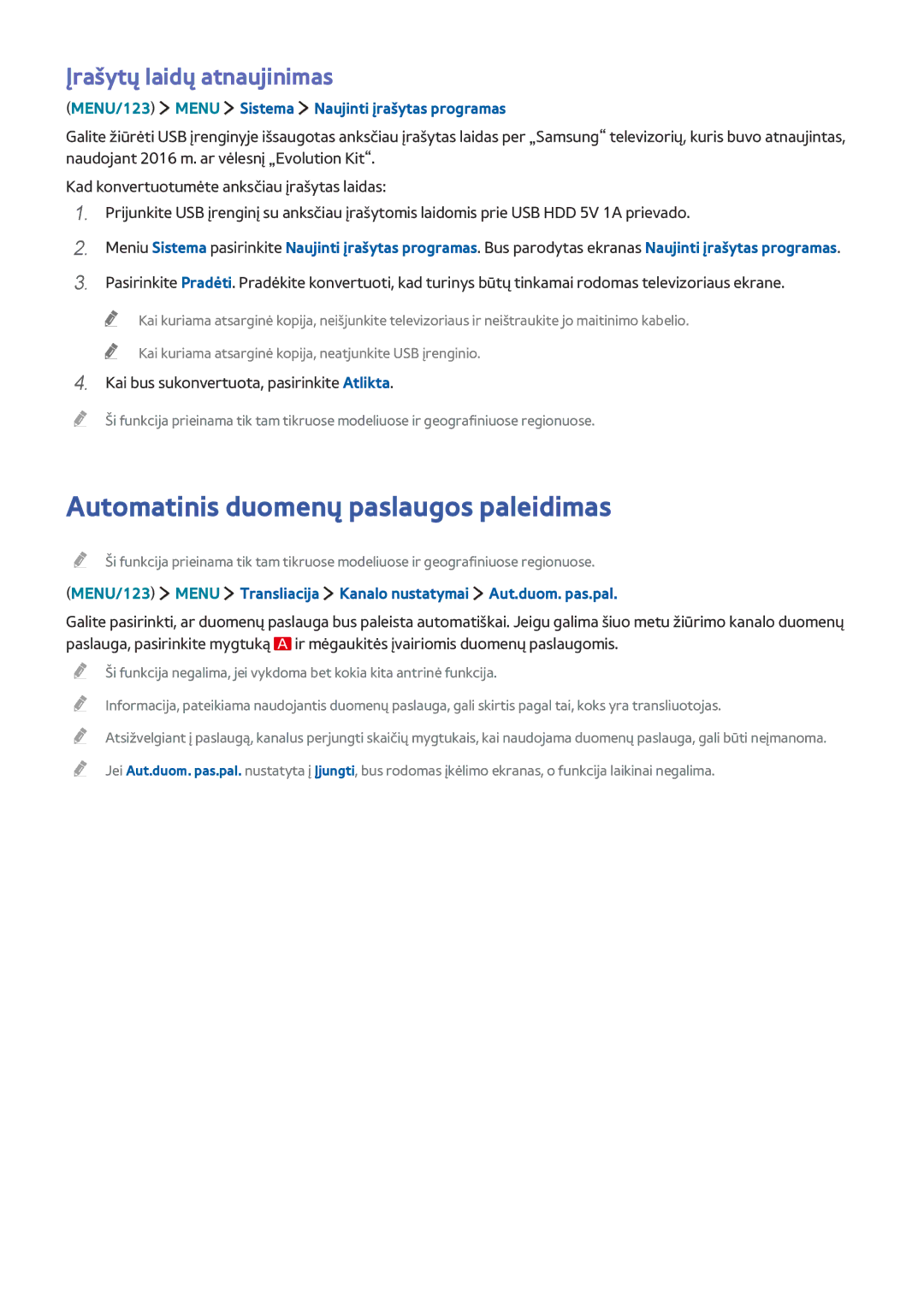 Samsung UE55JS9002TXXH, UE88JS9502TXXH, UE48JS9002TXXH Automatinis duomenų paslaugos paleidimas, Įrašytų laidų atnaujinimas 