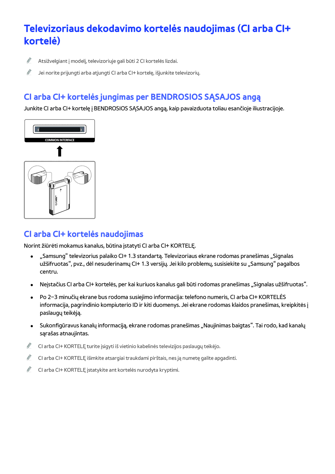 Samsung UE78JS9502TXXH manual CI arba CI+ kortelės jungimas per Bendrosios Sąsajos angą, CI arba CI+ kortelės naudojimas 