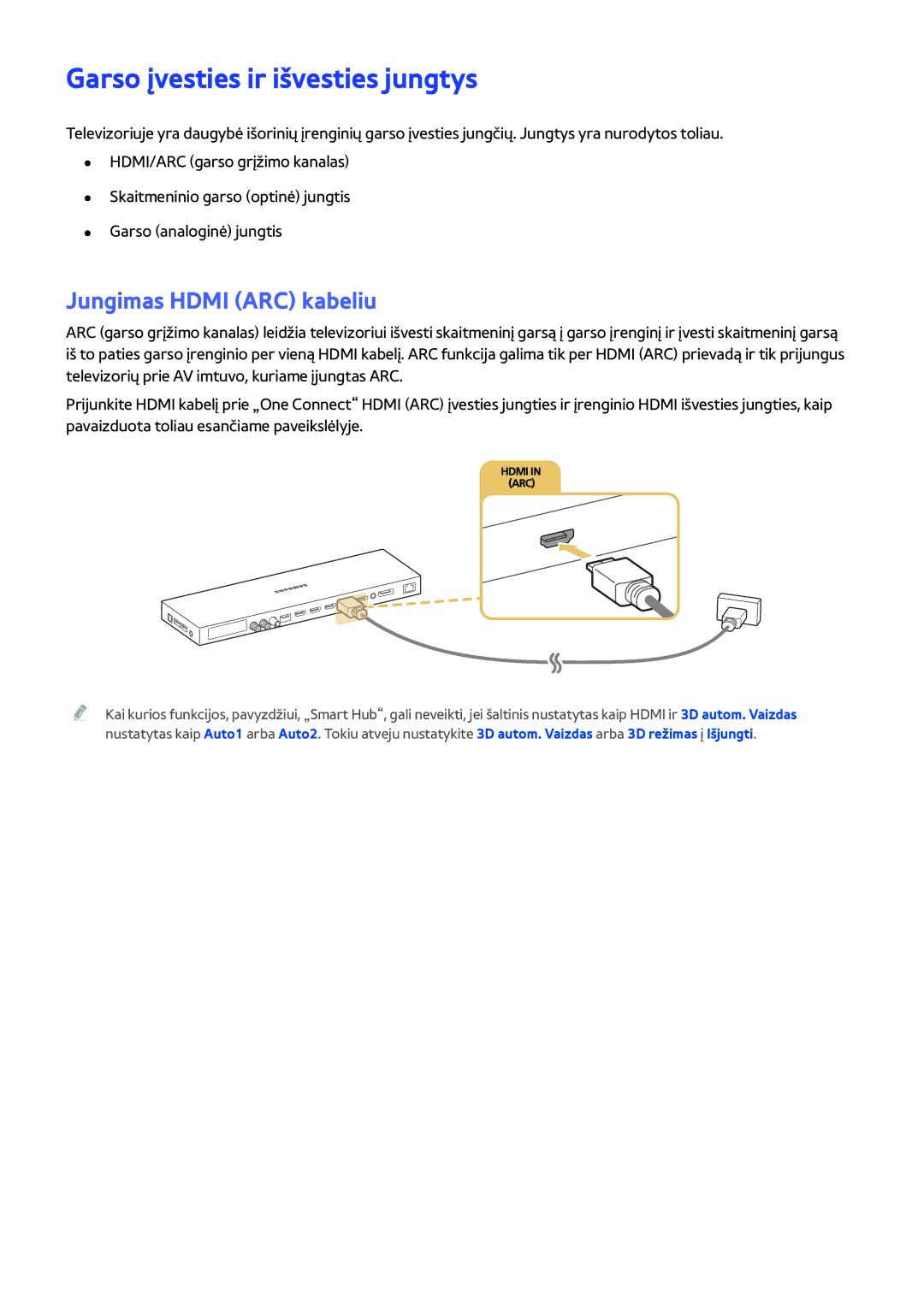 Samsung UE78JS9502TXXH, UE88JS9502TXXH, UE48JS9002TXXH manual Garso įvesties ir išvesties jungtys, Jungimas Hdmi ARC kabeliu 