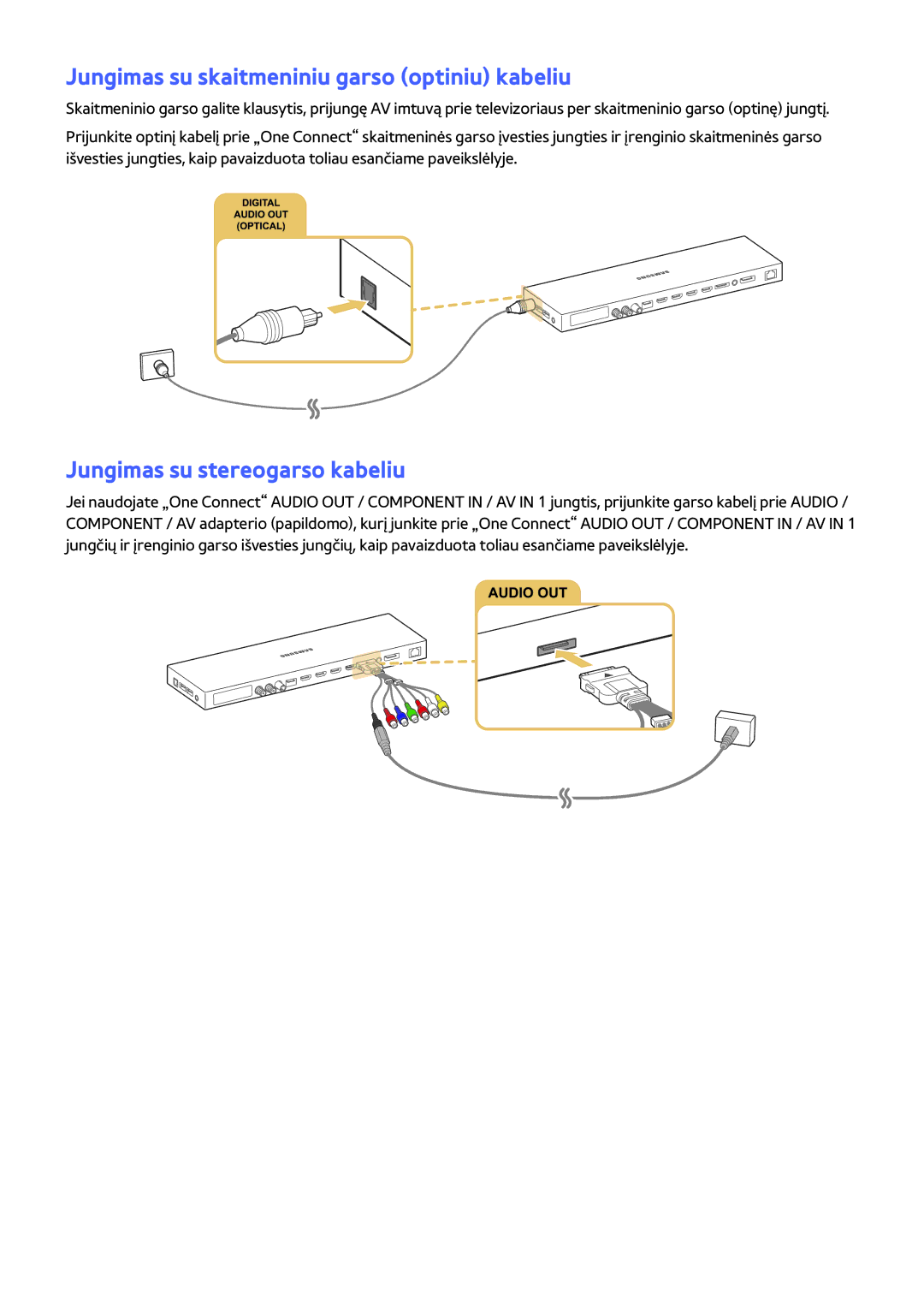 Samsung UE82S9WATXXH, UE88JS9502TXXH manual Jungimas su skaitmeniniu garso optiniu kabeliu, Jungimas su stereogarso kabeliu 