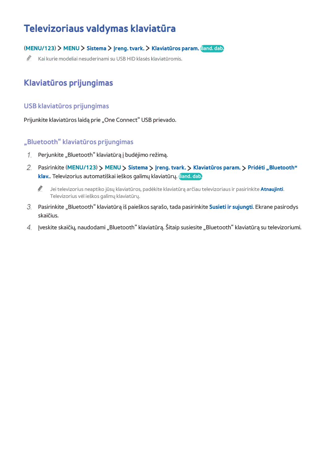 Samsung UE65JS9502TXXH manual Televizoriaus valdymas klaviatūra, Klaviatūros prijungimas, USB klaviatūros prijungimas 