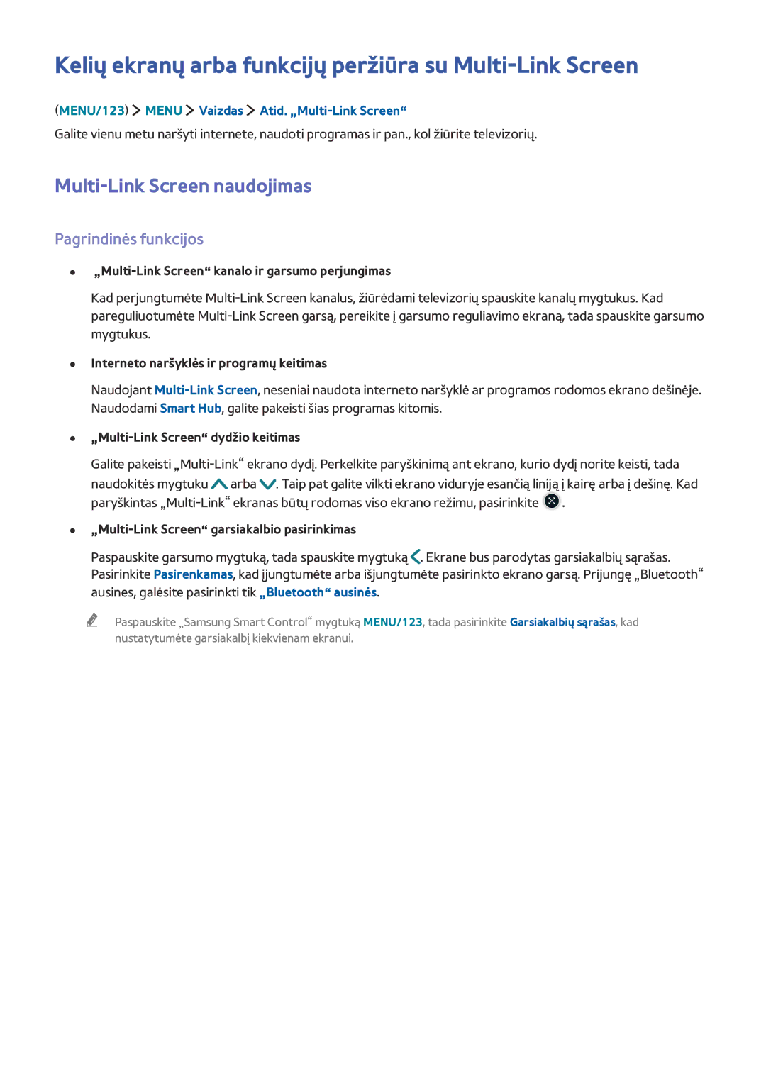 Samsung UE82S9WATXXH manual Kelių ekranų arba funkcijų peržiūra su Multi-Link Screen, Multi-Link Screen naudojimas 