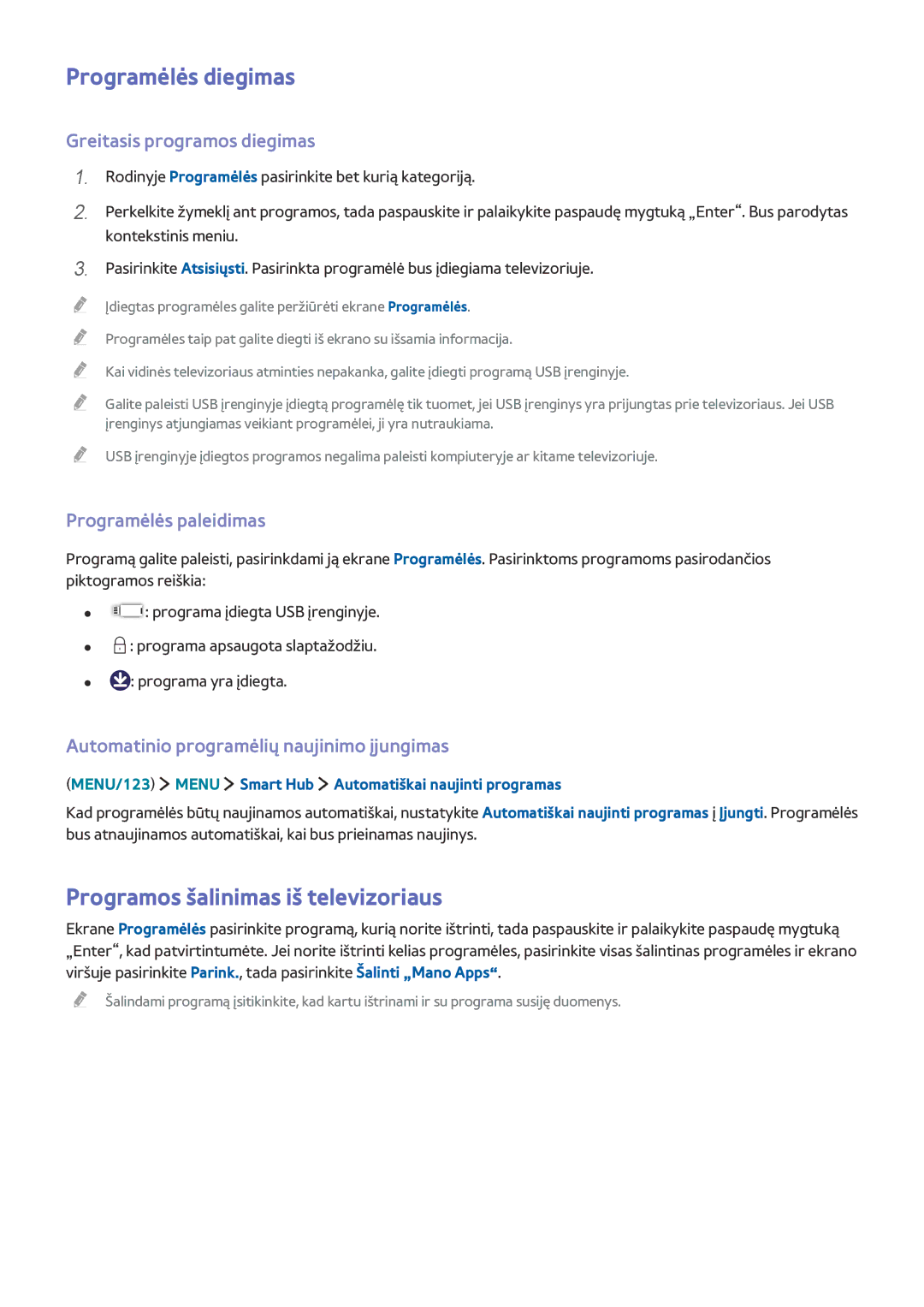 Samsung UE55JS9002TXXH manual Programėlės diegimas, Programos šalinimas iš televizoriaus, Greitasis programos diegimas 