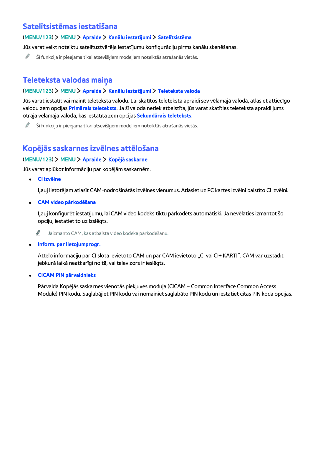 Samsung UE88JS9502TXXH manual Satelītsistēmas iestatīšana, Teleteksta valodas maiņa, Kopējās saskarnes izvēlnes attēlošana 