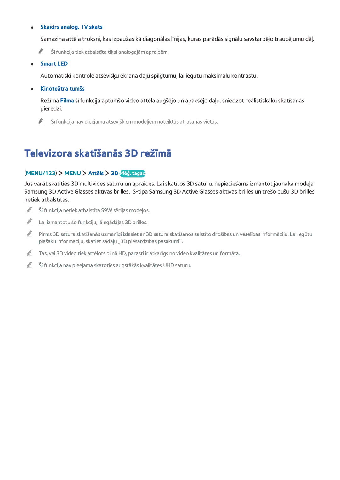 Samsung UE82S9WATXXH manual Televizora skatīšanās 3D režīmā, Skaidrs analog. TV skats, Smart LED, Kinoteātra tumšs 