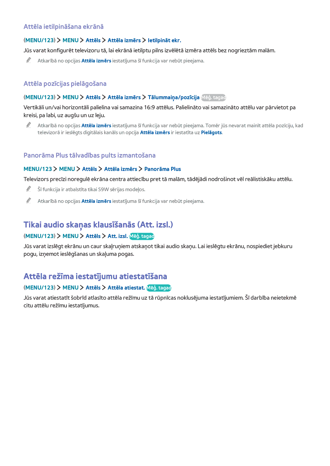 Samsung UE78JS9502TXXH, UE88JS9502TXXH Tikai audio skaņas klausīšanās Att. izsl, Attēla režīma iestatījumu atiestatīšana 
