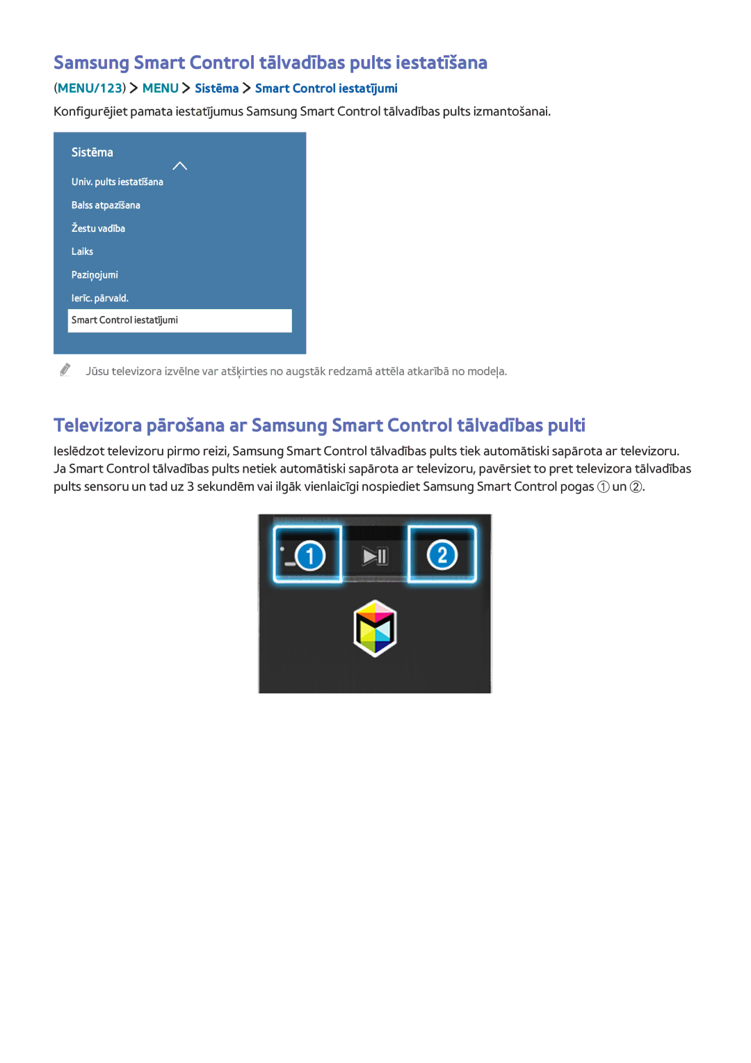 Samsung UE82S9WATXXH Samsung Smart Control tālvadības pults iestatīšana, MENU/123 Menu Sistēma Smart Control iestatījumi 