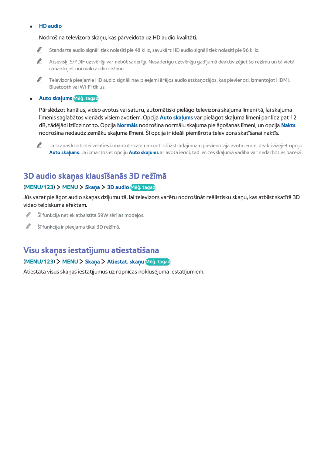 Samsung UE82S9WATXXH, UE88JS9502TXXH manual 3D audio skaņas klausīšanās 3D režīmā, Visu skaņas iestatījumu atiestatīšana 