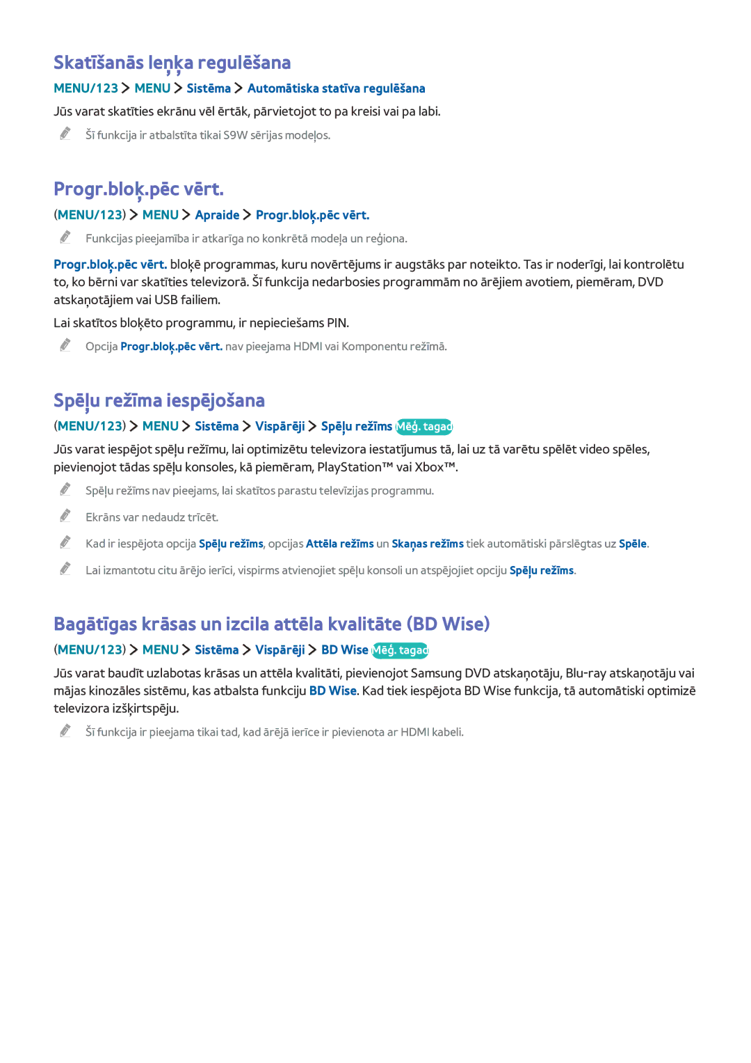 Samsung UE82S9WATXXH, UE88JS9502TXXH manual Skatīšanās leņķa regulēšana, Progr.bloķ.pēc vērt, Spēļu režīma iespējošana 