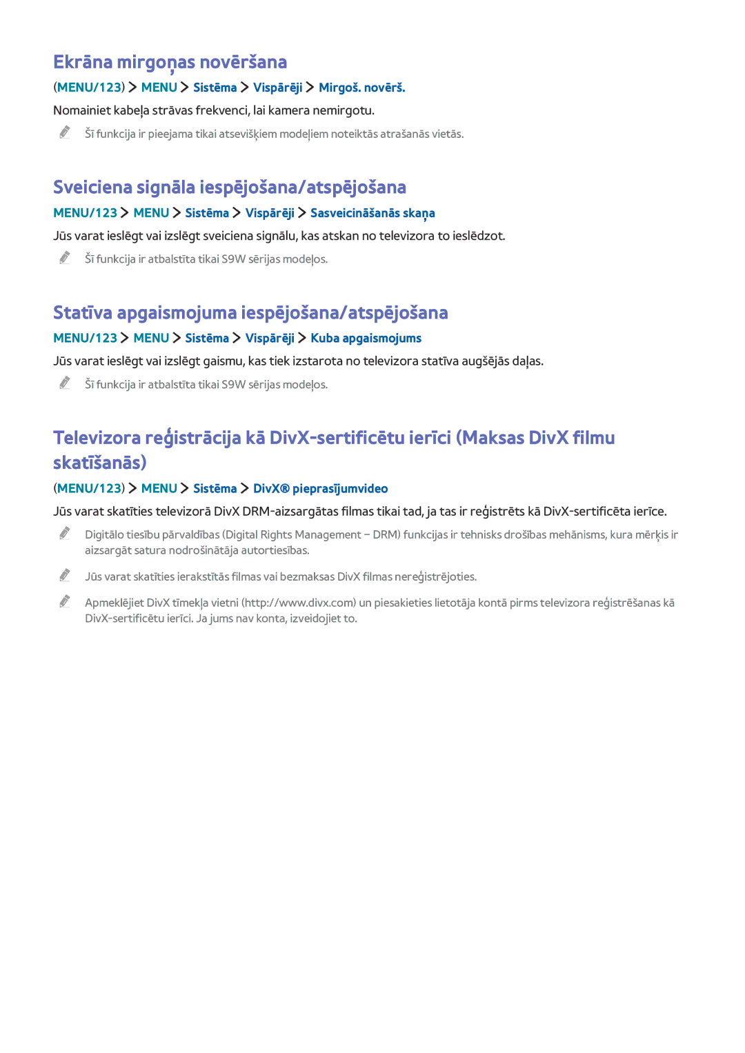 Samsung UE48JS9002TXXH, UE88JS9502TXXH, UE65JS9502TXXH Ekrāna mirgoņas novēršana, Sveiciena signāla iespējošana/atspējošana 