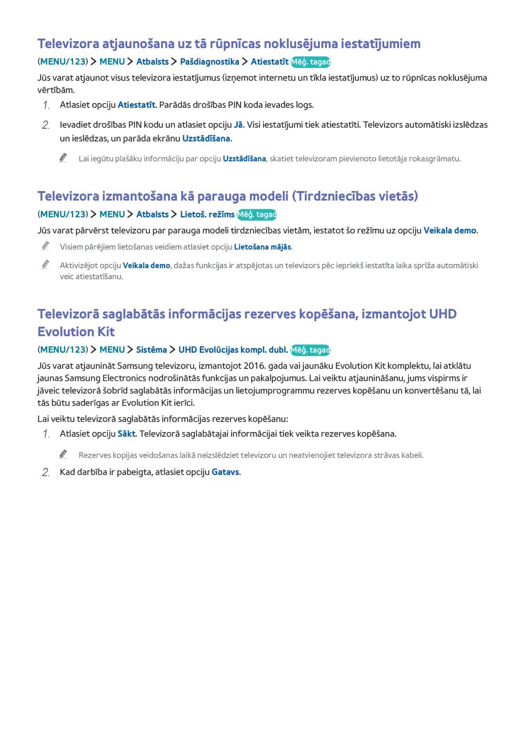 Samsung UE65JS9502TXXH, UE88JS9502TXXH, UE48JS9002TXXH manual MENU/123 Menu Atbalsts Pašdiagnostika Atiestatīt Mēģ. tagad 