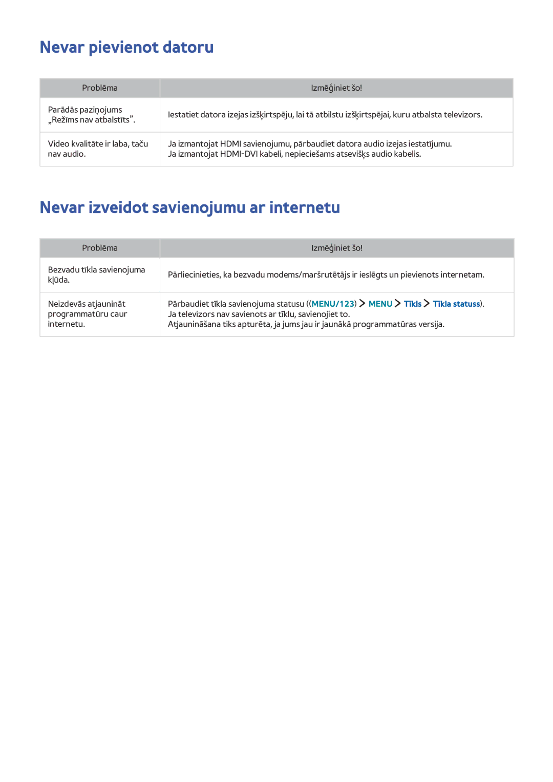 Samsung UE88JS9502TXXH, UE48JS9002TXXH, UE65JS9502TXXH manual Nevar pievienot datoru, Nevar izveidot savienojumu ar internetu 