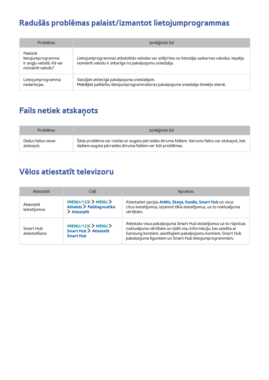 Samsung UE55JS9002TXXH, UE88JS9502TXXH manual Radušās problēmas palaist/izmantot lietojumprogrammas, Fails netiek atskaņots 