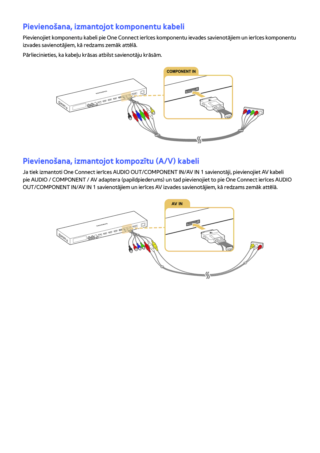 Samsung UE65JS9002TXXH manual Pievienošana, izmantojot komponentu kabeli, Pievienošana, izmantojot kompozītu A/V kabeli 